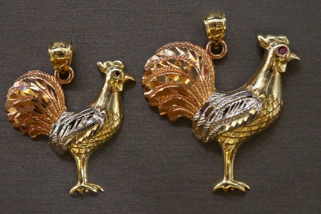 10K Solid Yellow Gold Three Tri Color Rooster Chicken Red Eyes Pendant. 2 Sizes - Jewelry Store by Erik Rayo