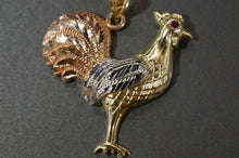 Load image into Gallery viewer, 10K Solid Yellow Gold Three Tri Color Rooster Chicken Red Eyes Pendant. 2 Sizes - Jewelry Store by Erik Rayo
