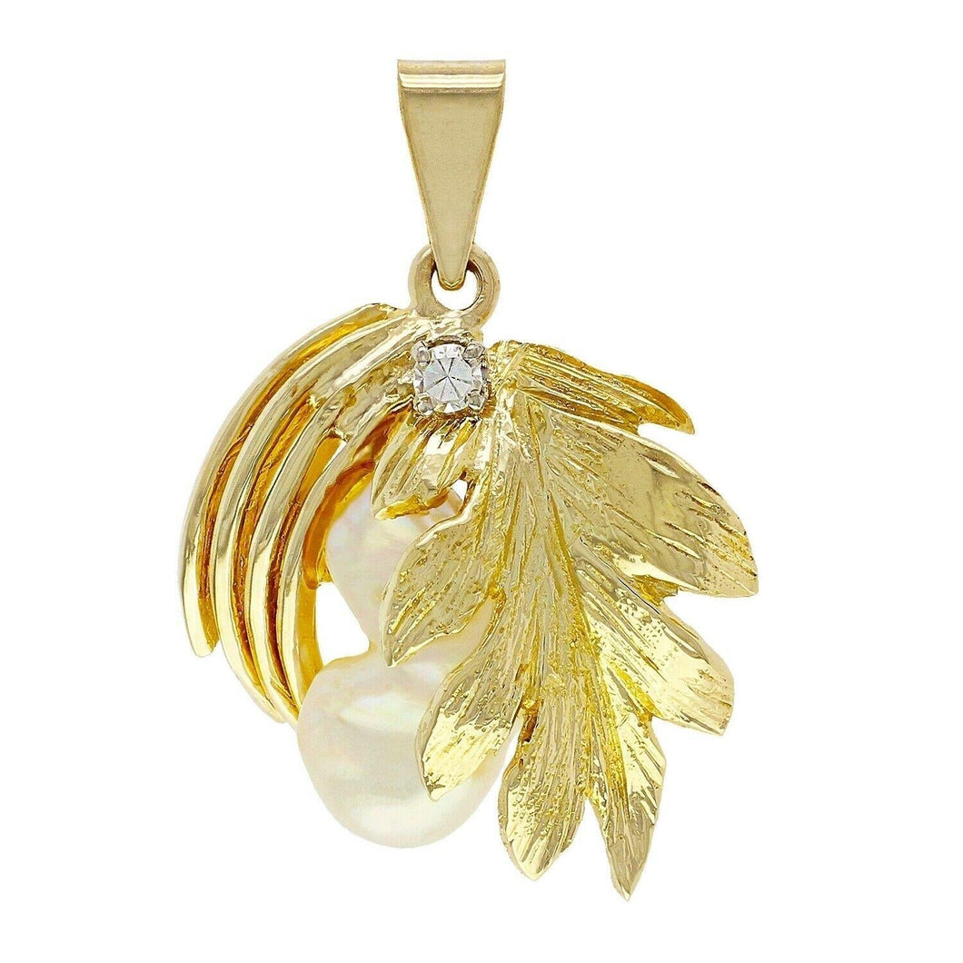 10k Yellow Gold Free-Form Nacre Mother of Pearl & Sparkling Accent Leaf Pendant - Jewelry Store by Erik Rayo