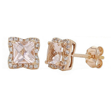 14k Rose Gold 0.20ctw Morganite & Diamond Vintage Halo Square Stud Earrings - Jewelry Store by Erik Rayo
