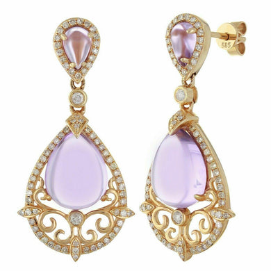 14k Rose Gold 0.70ctw Cabochon Amethyst & Diamond Pear Drop Vintage Earrings - ErikRayo.com