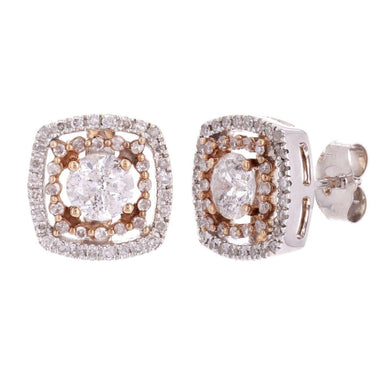14k White & Rose Gold 1ctw Diamond Vintage Double Halo Square Stud Earrings - Jewelry Store by Erik Rayo