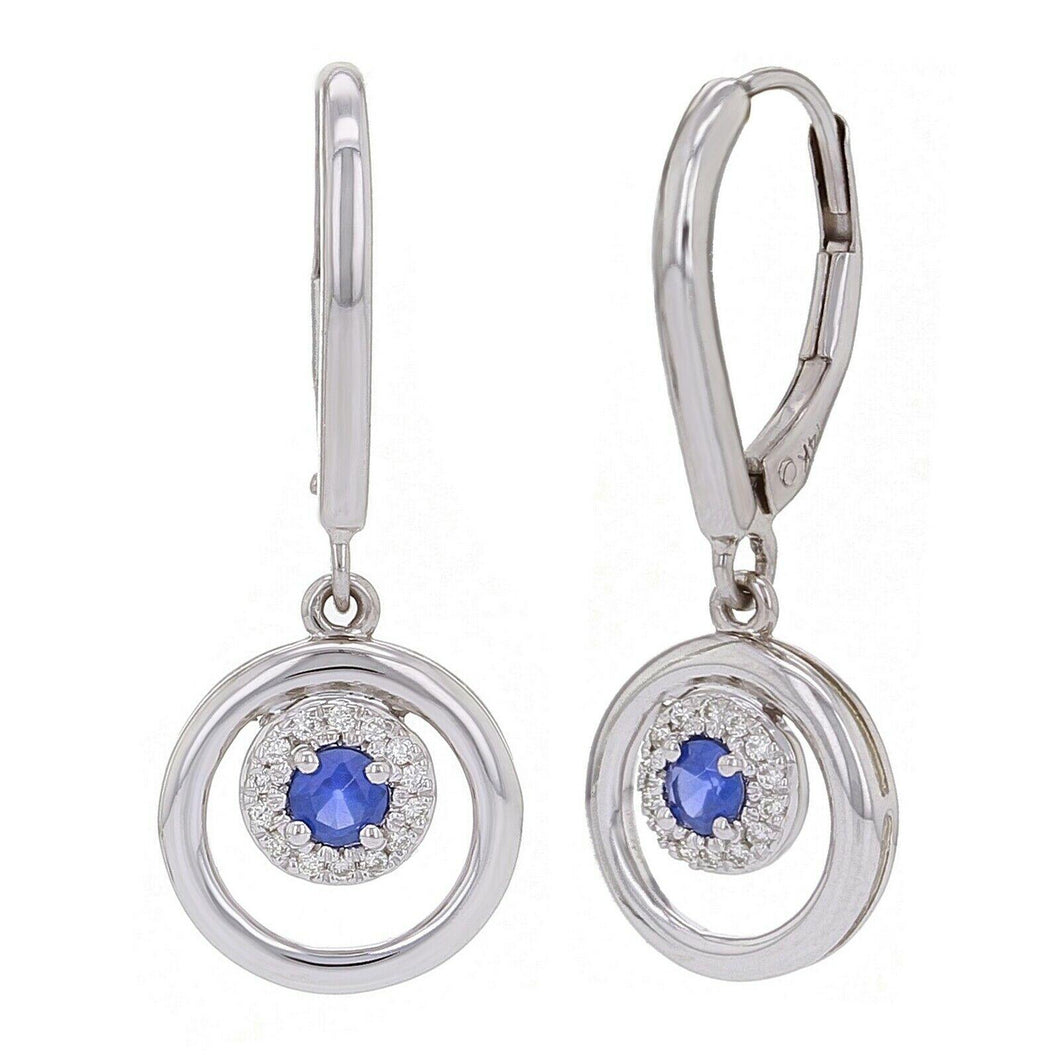 14k White Gold 0.10ctw Sapphire & Diamond Circle Floating Halo Dangle Earrings - Jewelry Store by Erik Rayo