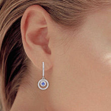 Load image into Gallery viewer, 14k White Gold 0.10ctw Sapphire &amp; Diamond Circle Floating Halo Dangle Earrings - Jewelry Store by Erik Rayo
