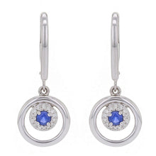 Load image into Gallery viewer, 14k White Gold 0.10ctw Sapphire &amp; Diamond Circle Floating Halo Dangle Earrings - Jewelry Store by Erik Rayo
