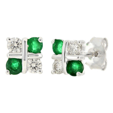 14k White Gold 0.32ctw Emerald & Diamond XOXO Square Stud Earrings - Jewelry Store by Erik Rayo