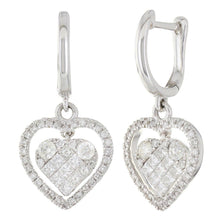 Load image into Gallery viewer, 14k White Gold 0.70ctw Diamond Huggie Hoop Double Heart Dangle Earrings - Jewelry Store by Erik Rayo
