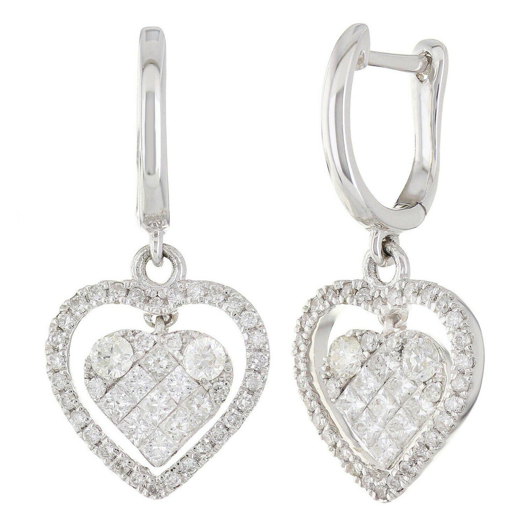 14k White Gold 0.70ctw Diamond Huggie Hoop Double Heart Dangle Earrings - Jewelry Store by Erik Rayo