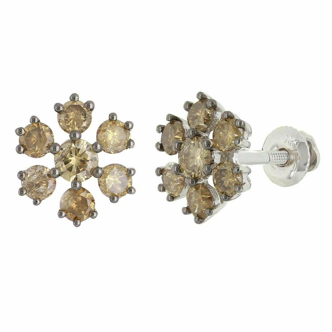 14k White Gold 1.07ctw Brown Diamond Cluster Flower Stud Earrings - Jewelry Store by Erik Rayo