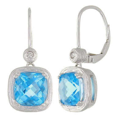 14k White Gold Blue Topaz and Diamond Textured Finish Modern Drop Earrings - Jewelry Store by Erik Rayo