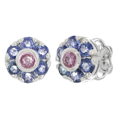 14k White Gold Multi Color Sapphire Gemstone Bouquet Flower Cluster Studs - Jewelry Store by Erik Rayo