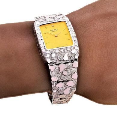 14k White Gold Nugget Wrist Band Geneve Diamond Watch 8.5