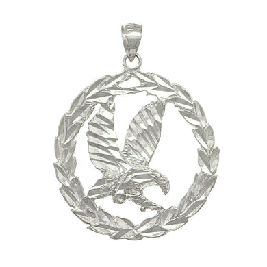 14k White Gold Solid Diamond Cut Flying Eagle in Wreath Charm Pendant 1.38