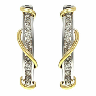 14k Yellow and White Gold 1ctw Diamond Linear Oblong Twist J-Hoop Earrings - Jewelry Store by Erik Rayo