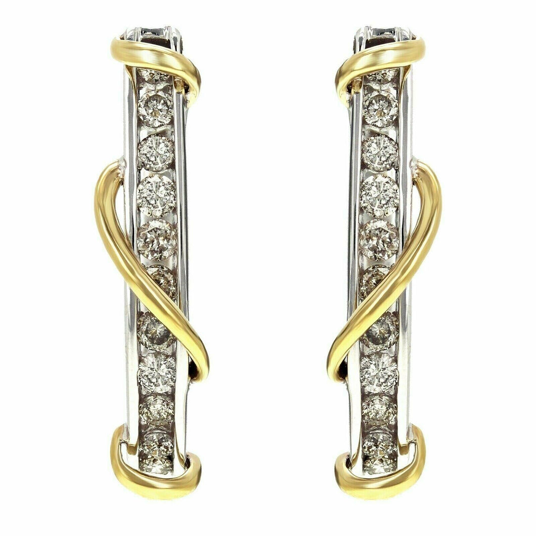 14k Yellow and White Gold 1ctw Diamond Linear Oblong Twist J-Hoop Earrings - Jewelry Store by Erik Rayo