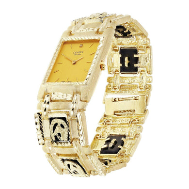 14k Yellow Gold Horse Shoe Black Onyx Bracelet Geneve Diamond Watch 7.5