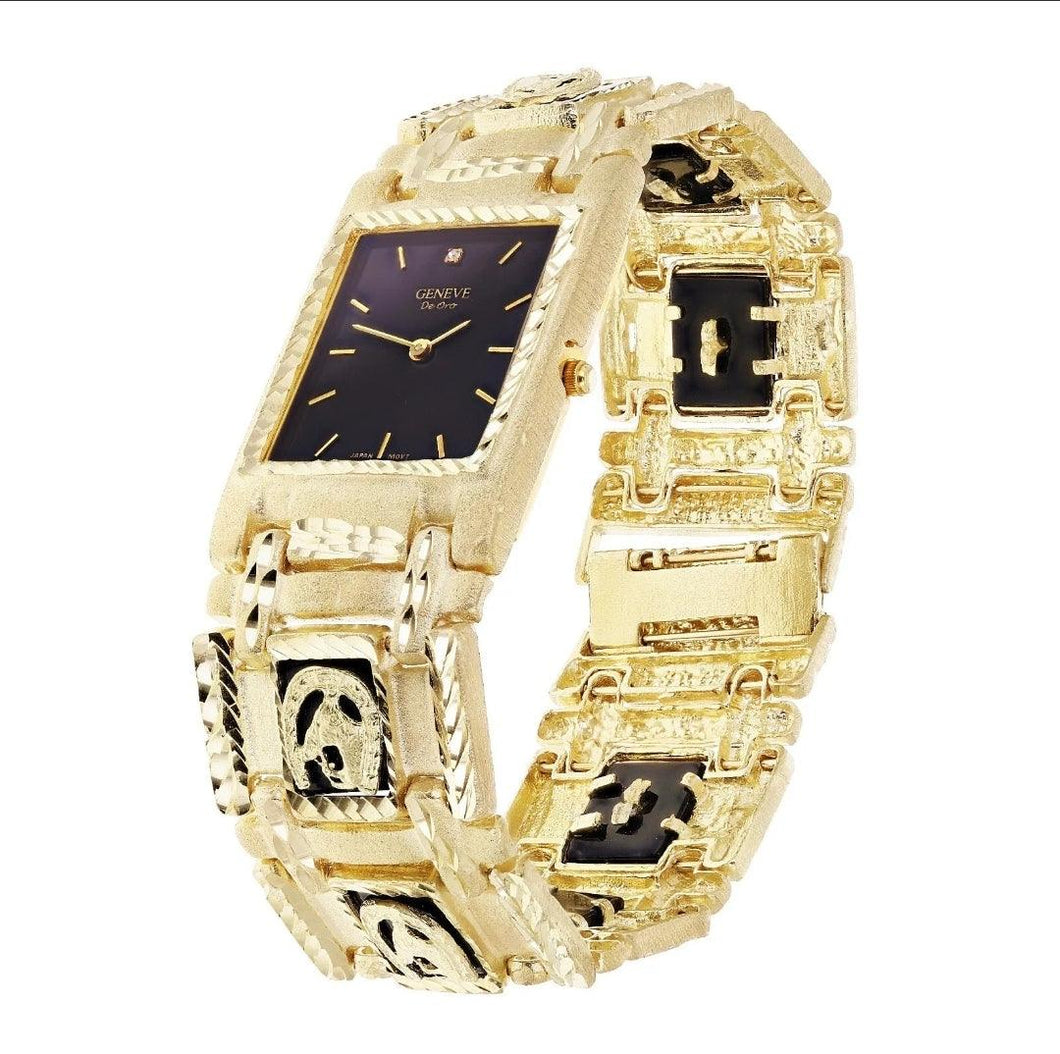 14k Yellow Gold Horse Shoe Black Onyx Bracelet Geneve Diamond Watch 8.5