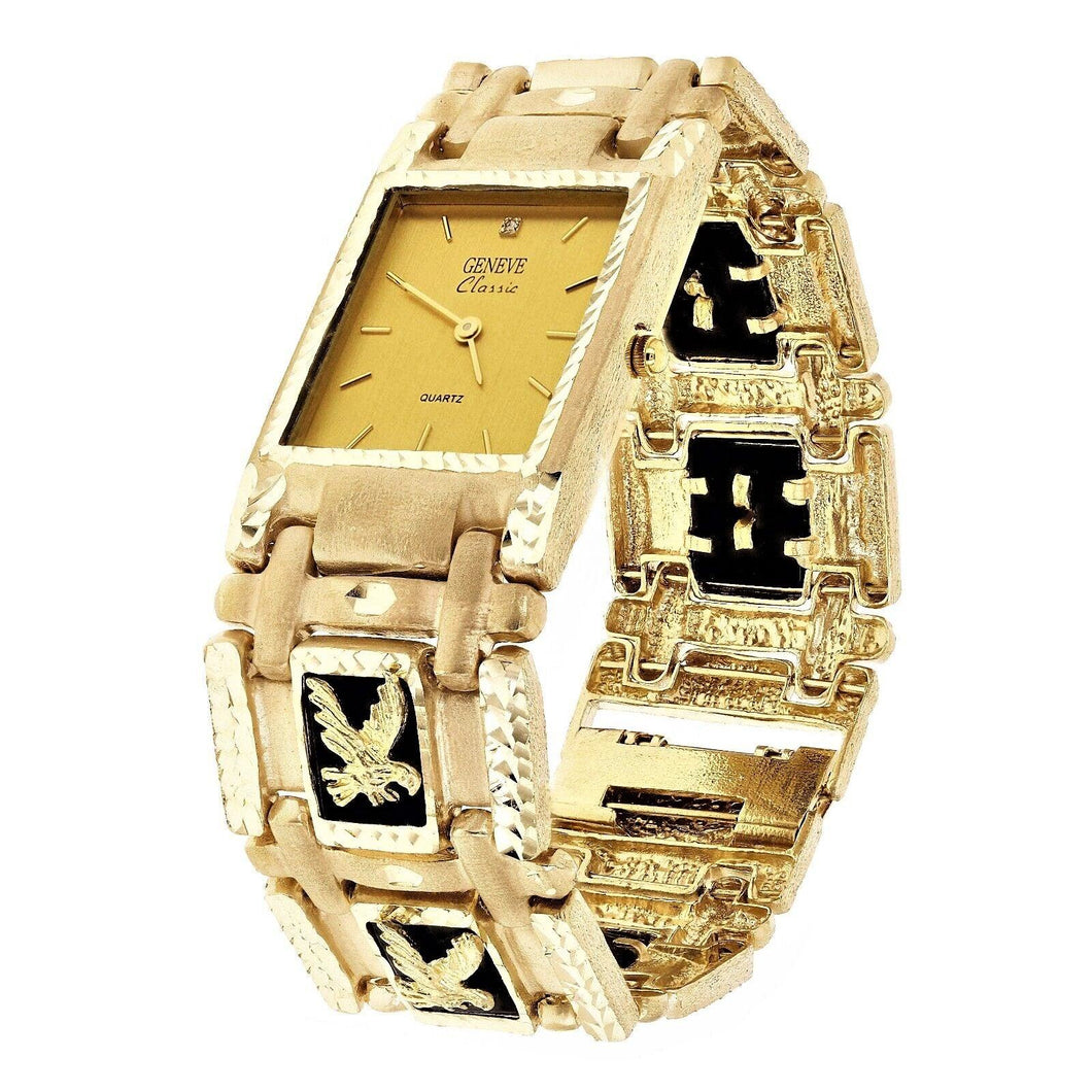 14k Yellow Gold Watch Band Eagle Black Onyx Geneve Diamond Watch 7.5
