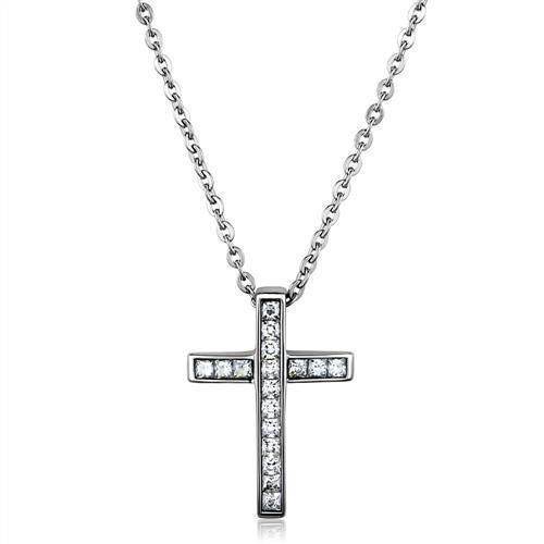 17 Stones Cross Necklace for Men and Women High polished (no plating) Stainless Steel Chain Pendant with AAA Grade CZ in Clear - ErikRayo.com
