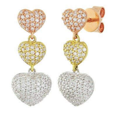 18k Tri Color Gold 0.75ctw Diamond Pave Triple Heart Dangle Earrings - Jewelry Store by Erik Rayo