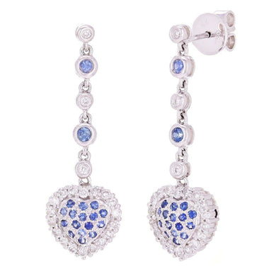 18k White Gold 0.54ctw Sapphire & Diamond Linear Heart Dangle Drop Earrings - Jewelry Store by Erik Rayo
