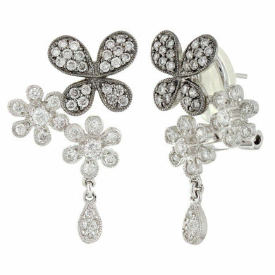 18k White Gold 0.78ctw Diamond Butterfly & Flower Nature Scene Dangle Earrings - Jewelry Store by Erik Rayo