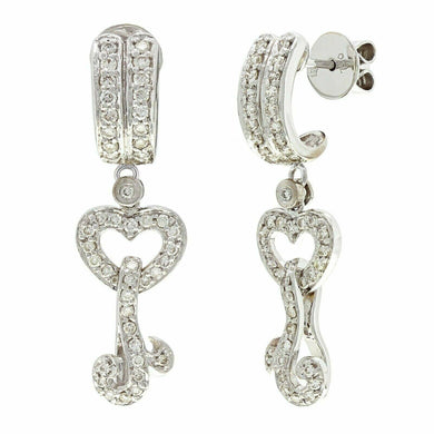 18k White Gold 1.02ctw Diamond Heart & Ribbon Drop Dangle J-Hoop Earrings - Jewelry Store by Erik Rayo