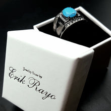 Load image into Gallery viewer, Mens Ring Turquoise with Black Stainless Steel Ring with Synthetic Turquoise in Sea Blue
