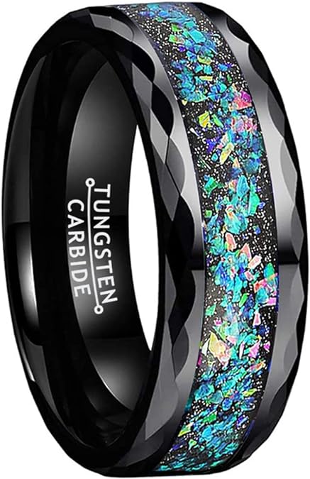Tungsten Carbide Rings for Men Wedding Bands for Him 8mm Black Opal Stripe Celestial Galaxy Multi-Faceted Edge