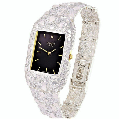 925 Sterling Silver Nugget Link Geneve with Diamond Watch 7.5-8