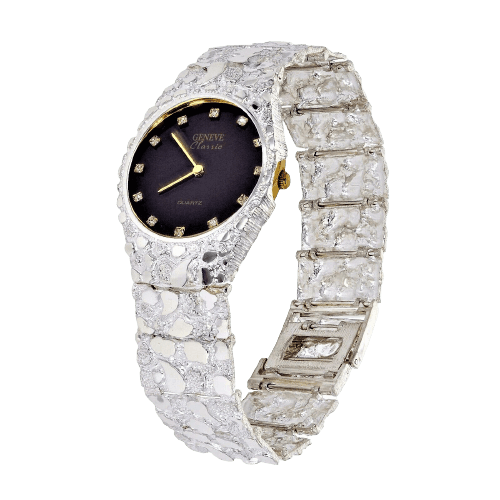 925 Sterling Silver Nugget Wrist Watch Geneve Real Diamonds Watch 7.5