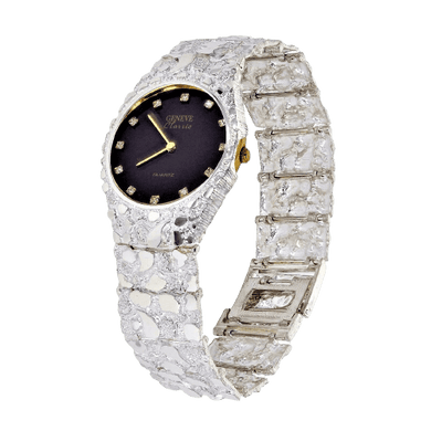925 Sterling Silver Nugget Wrist Watch Geneve Real Diamonds Watch 7-7.5