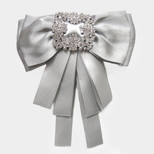 Load image into Gallery viewer, Gray Crystal Solid Ribbon Bow Tie / Hair Pinch Clip Dual
