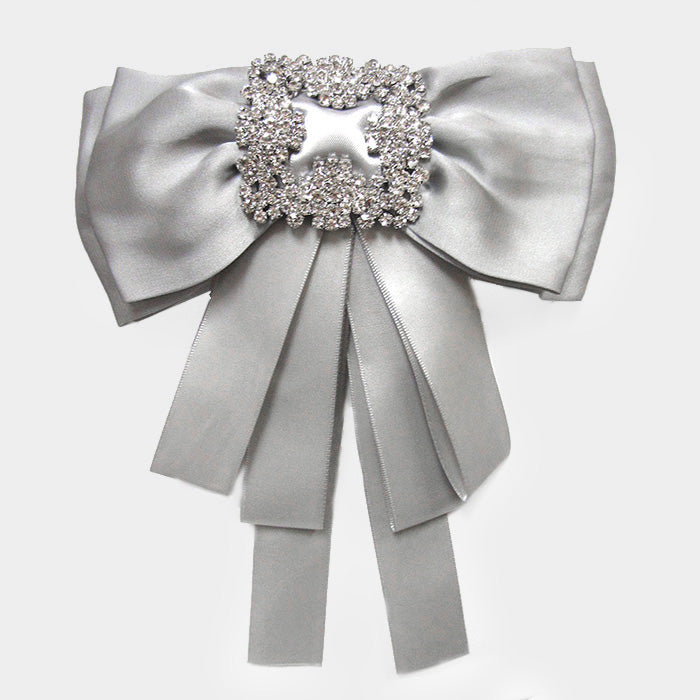 Gray Crystal Solid Ribbon Bow Tie / Hair Pinch Clip Dual