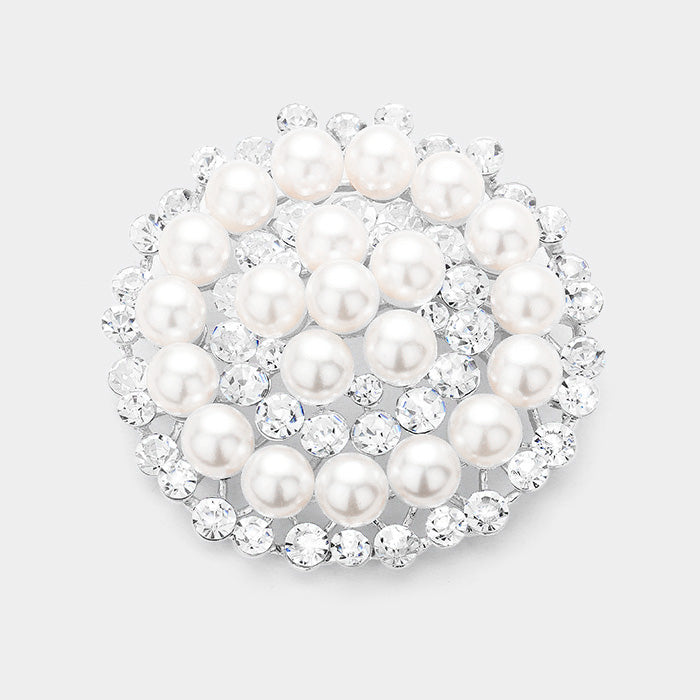 White Stone Pearl Cluster Circle Pin Brooch