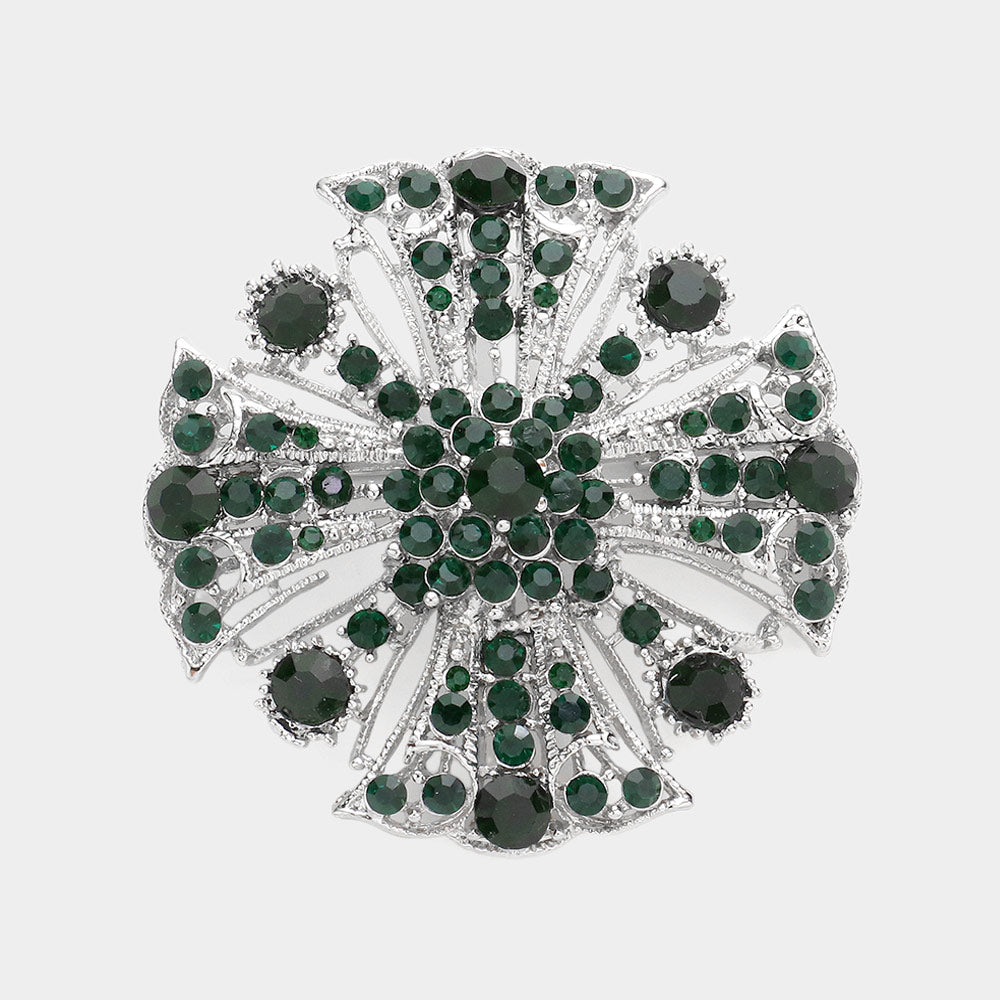 Emerald Bubble Stone Embellished Crisscross Detailed Pin Brooch
