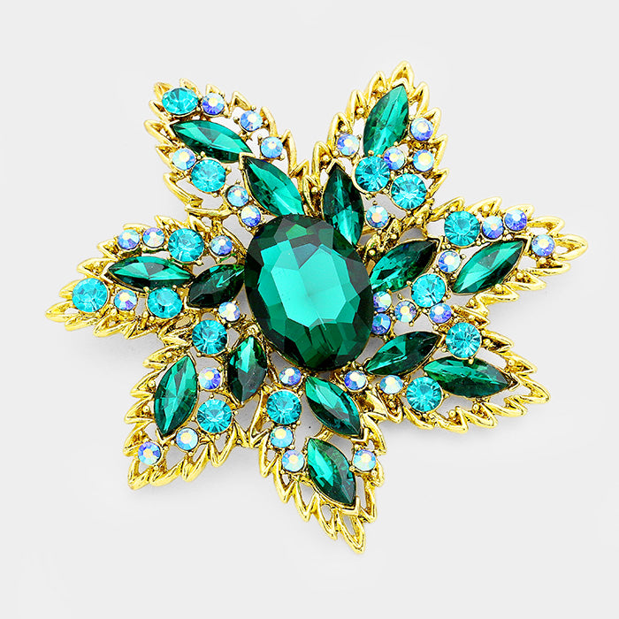 Emerald Crystal Glass Flower Pin Brooch