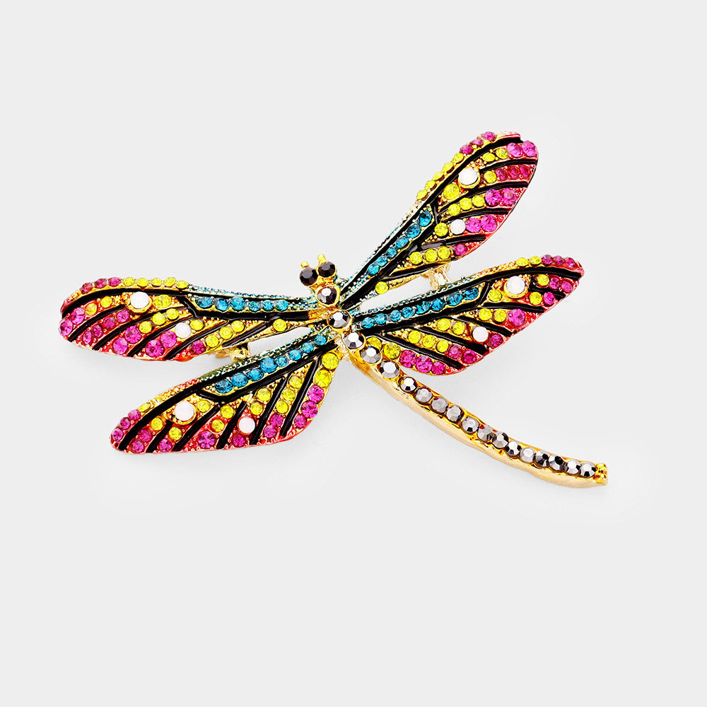 Yellow Rhinestone Embellished Dragonfly Pin Brooch