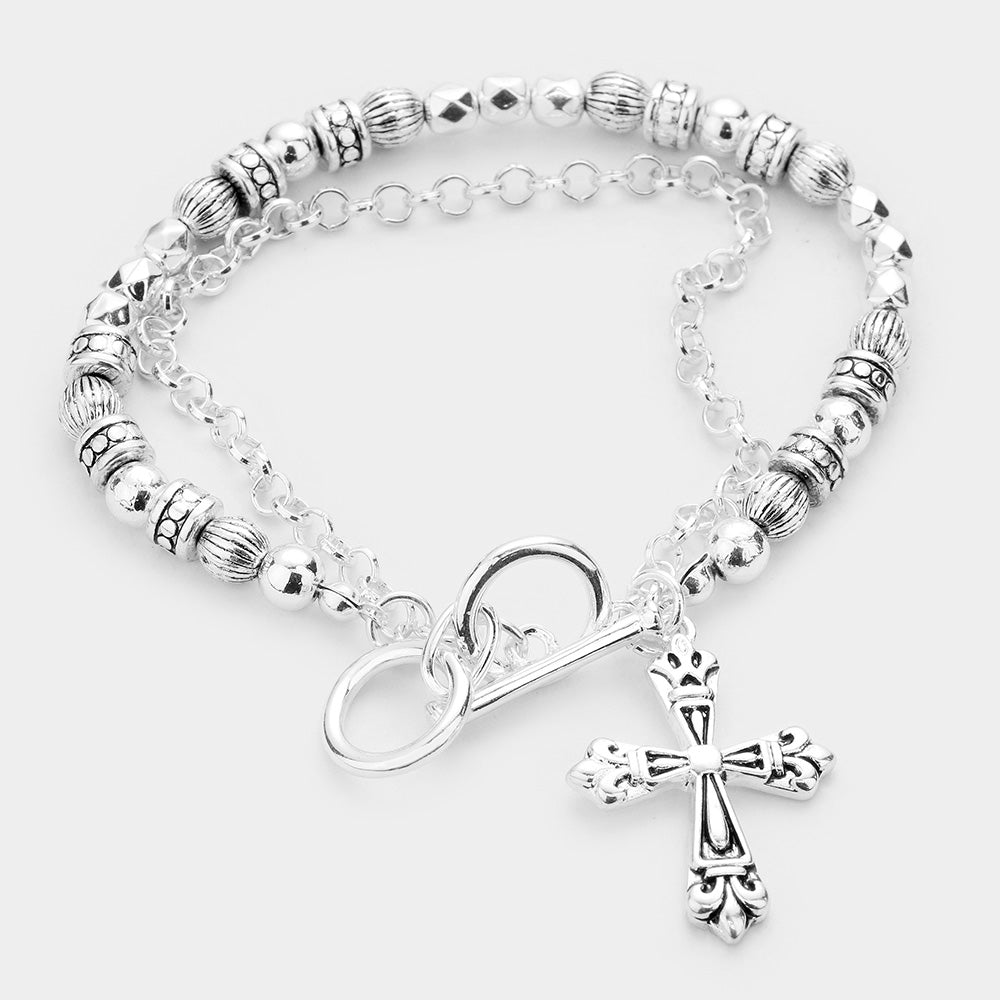 Silver Antique Metal Cross Charm Toggle Bracelet