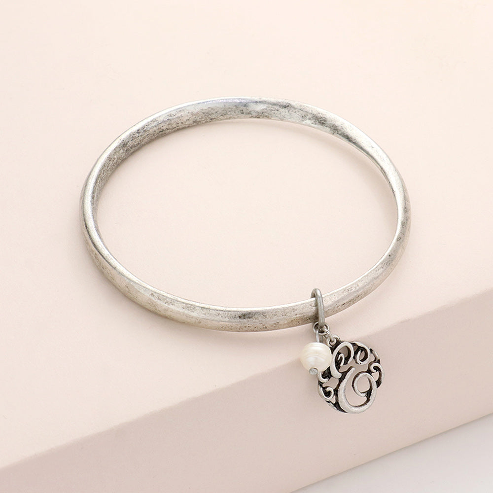 Letter E Monogram Pearl Charm Bangle Bracelet