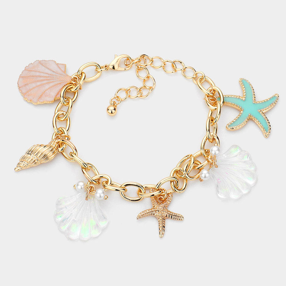 Gold Shell Conch Starfish Pearl Charm Station Bracelet