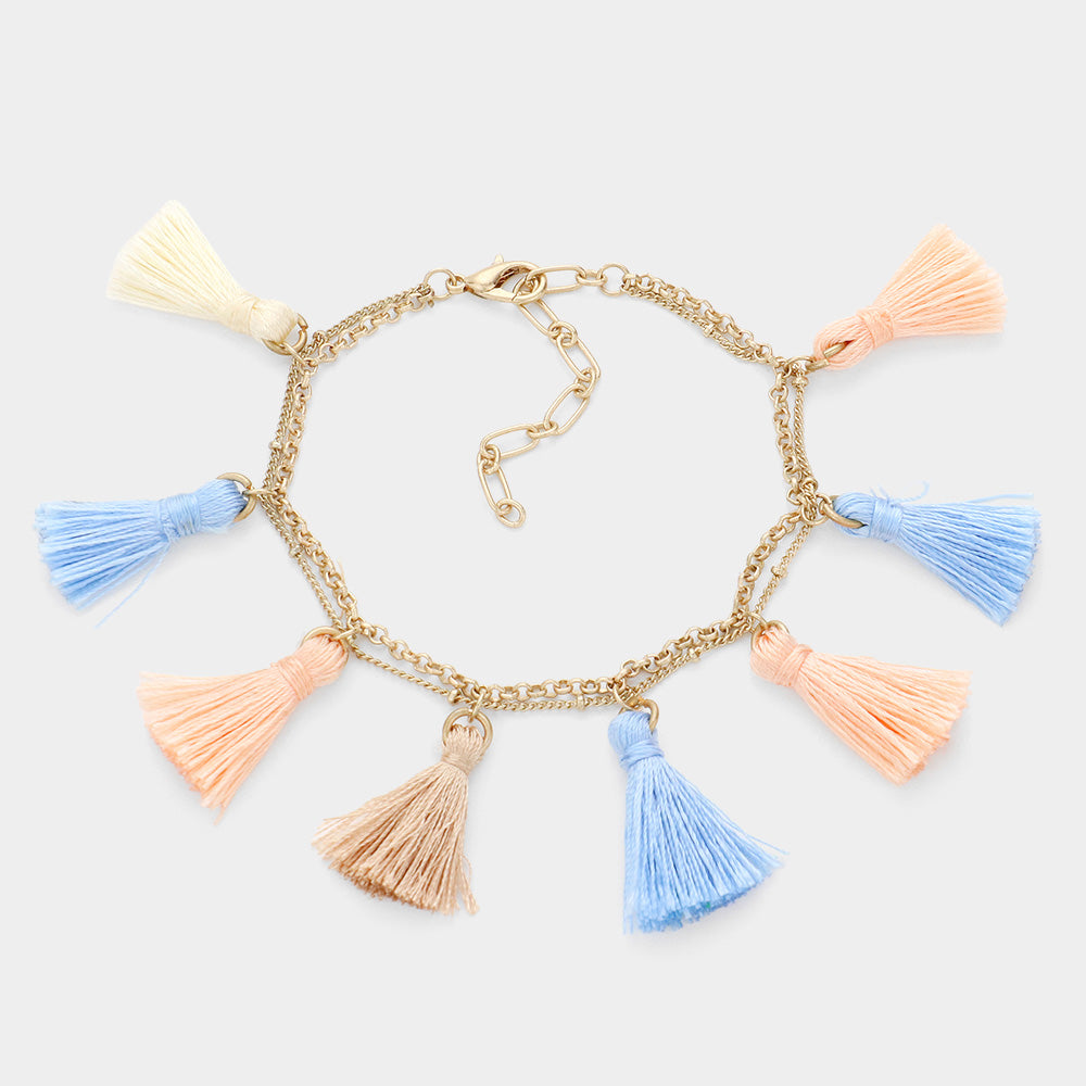 Peach Triple Color Tassel Charm Bracelet