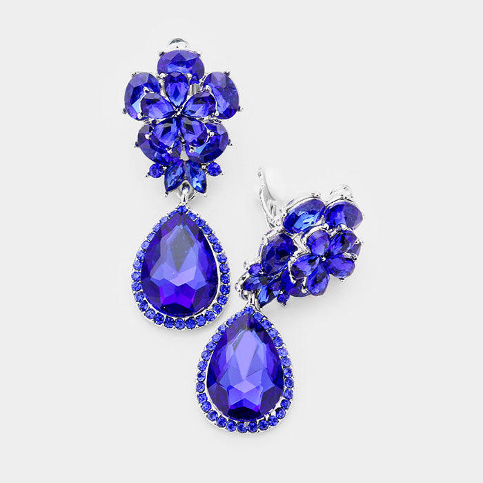 Blue Flower Glass Crystal Teardrop Dangle Clip on Earrings