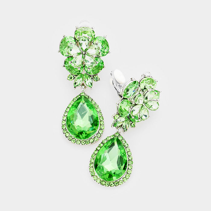 Green Flower Glass Crystal Teardrop Dangle Clip on Earrings