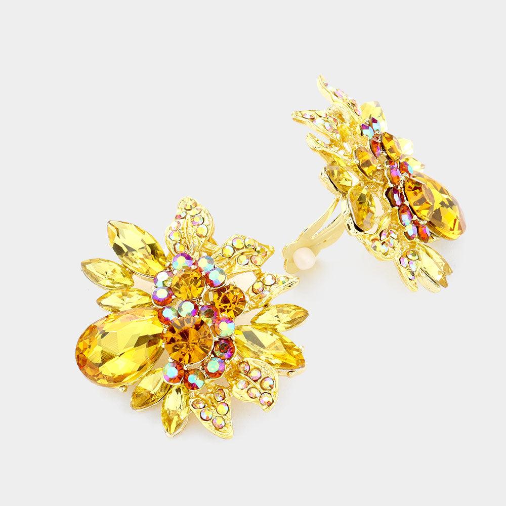 Yellow Floral Multi Stone Clip on Evening Earrings