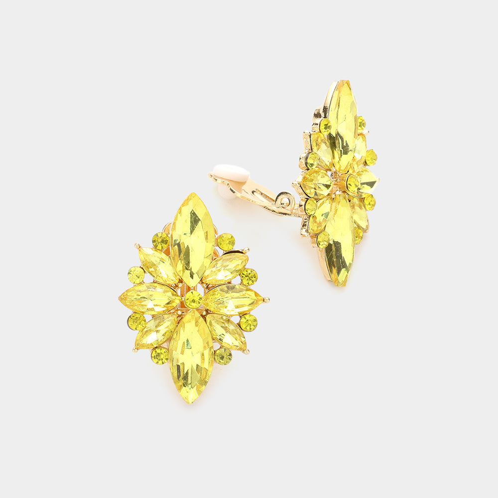 Yellow Marquise Round Stone Cluster Clip on Evening Earrings