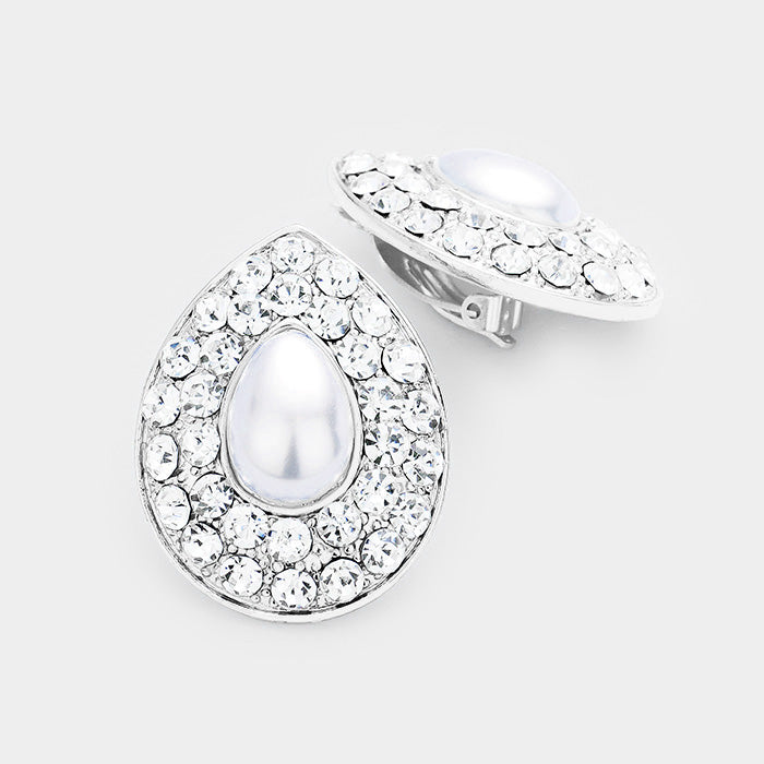 White Stone Pave Teardrop Pearl Centered Clip on Earrings
