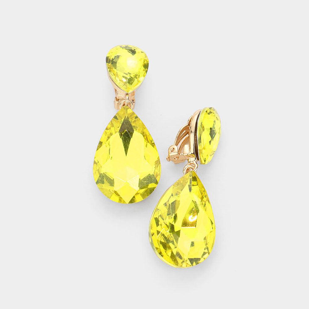 Yellow Glass Crystal Double Teardrop Clip on Evening Earrings