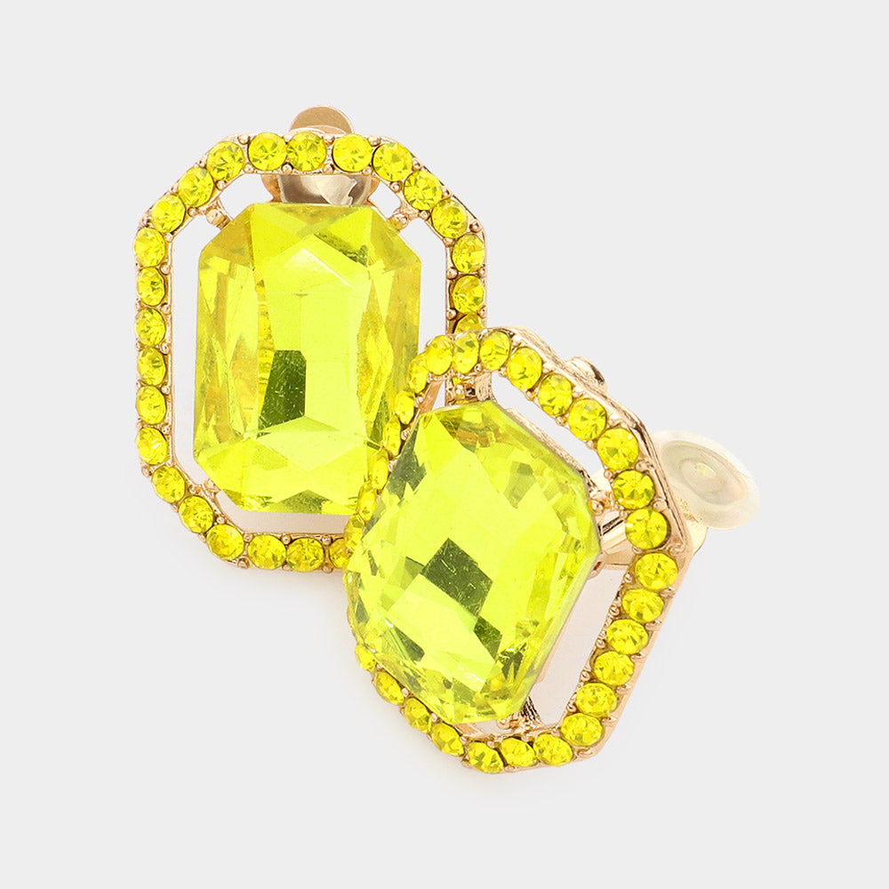 Yellow Rhinestone Trim Octagon Stone Center Evening Clip on Earrings