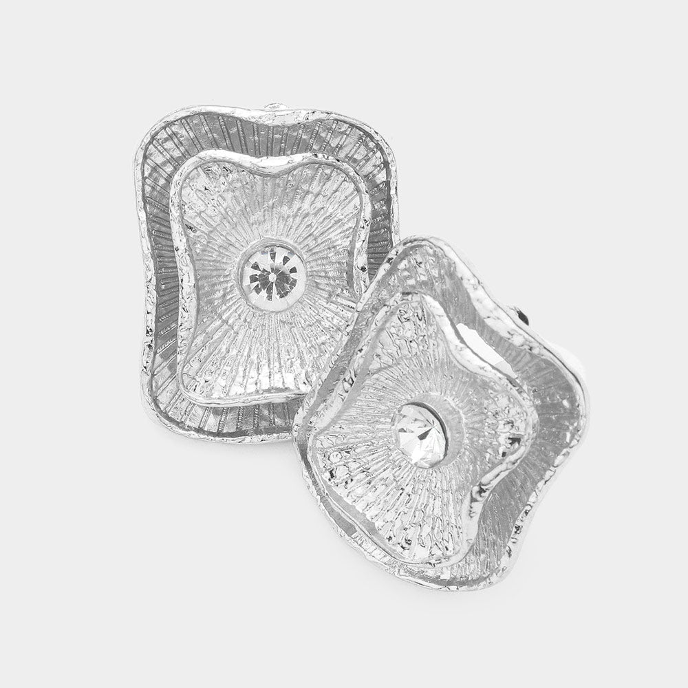 Stone Accented Textured Metal Clip On Earrings